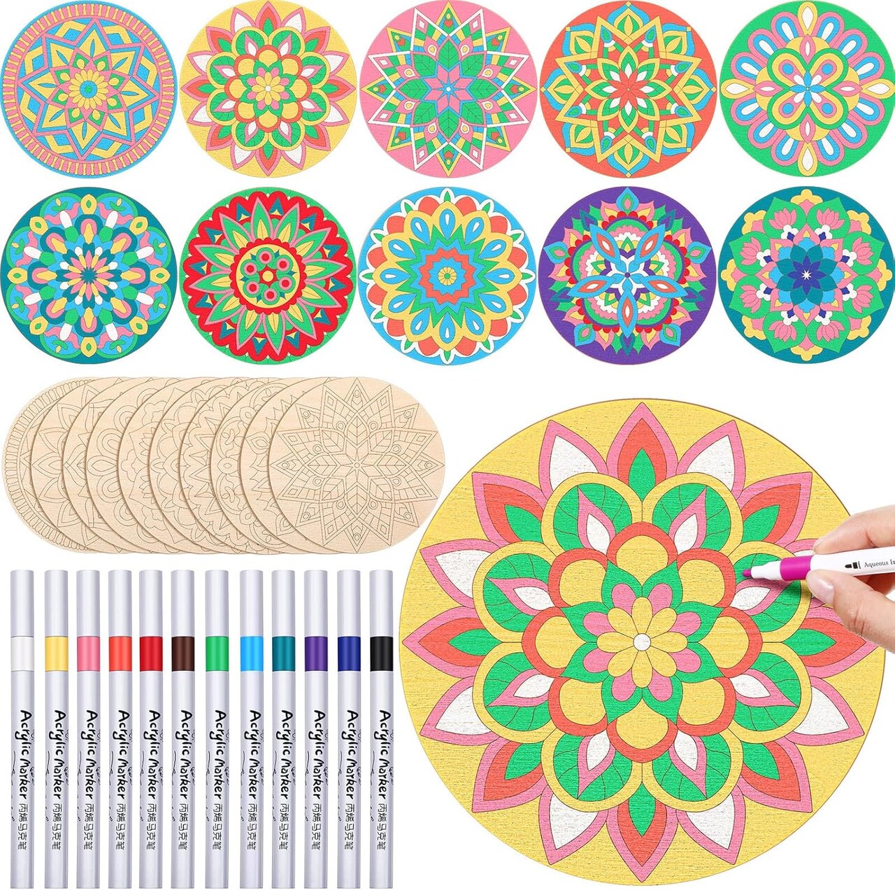 22 Pack DIY Wooden Mandala Art Set 10 Mandala Unfinished Wood Cutouts 12 Markers Lotus Flower Wood Painting Kits for Adults Painting, DIY Crafts Home Decors(Abstract Style)